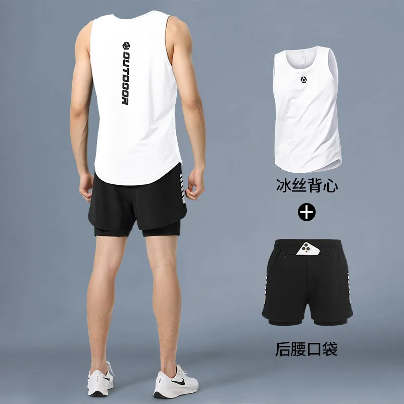 Running Gear Tank - メンズアイスシルク冷却タンクトップセット - 夏用速乾ランニングベスト＆ショーツ - ジム＆バスケットボール用通気性アスレチックウェア